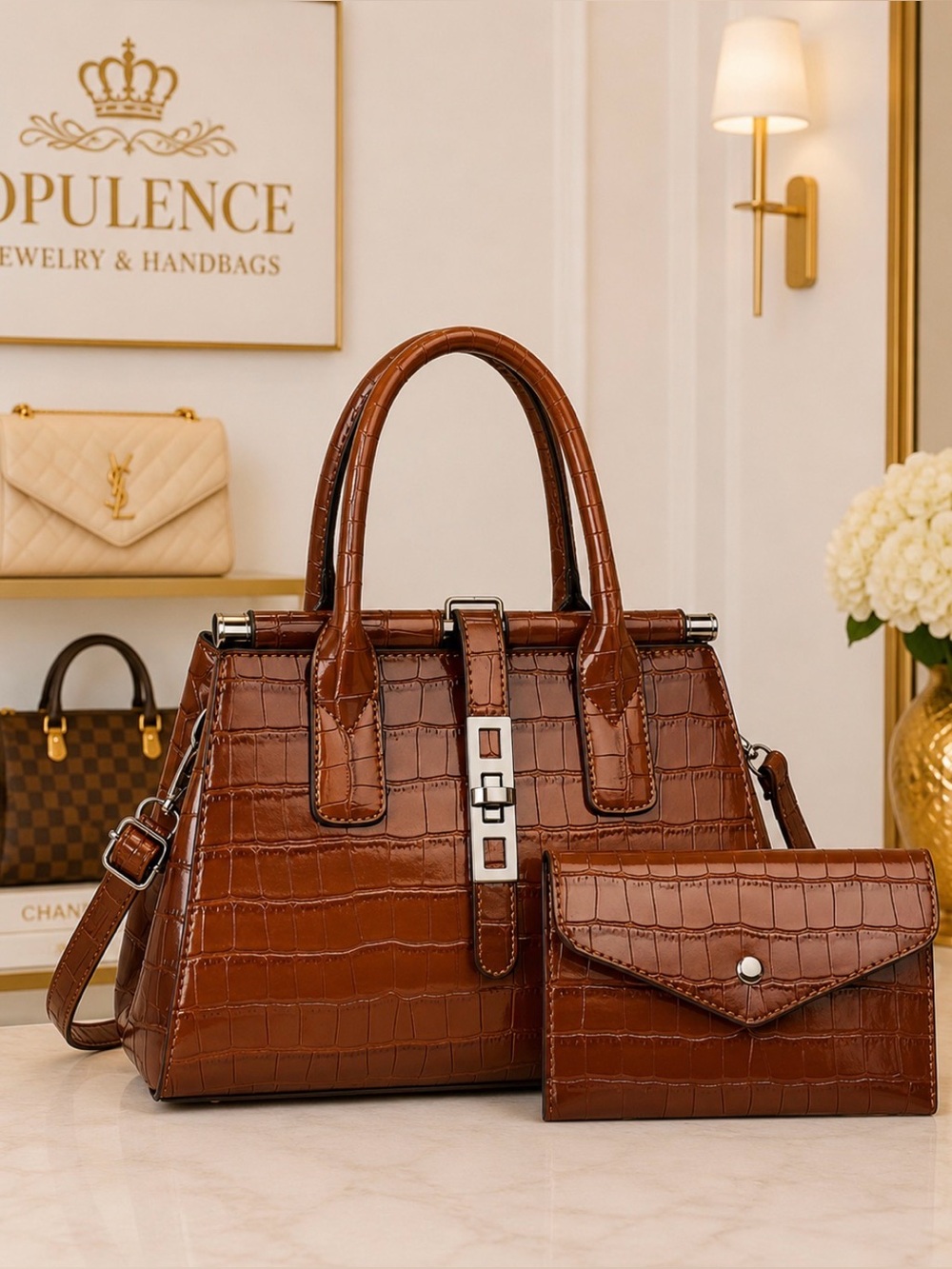 Brown Croc-Embossed Top-Handle Bag with Detachable Pouch